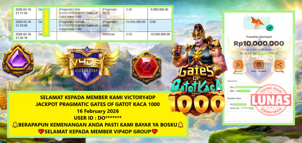 VICTORY4DP JACKPOT PRAGMATIC GATES OF GATOT KACA 1000 Rp.10.000.000,- LUNAS
