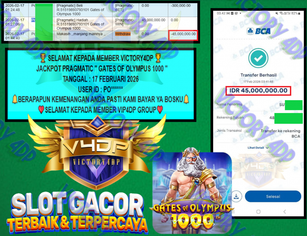 VICTORY4DP JACKPOT PRAGMATIC GATES OF OLYMPUS 1000 Rp.45.000.000,- LUNAS