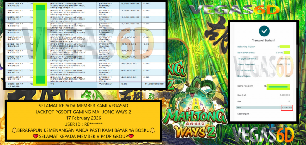 VEGAS6D JACKPOT PGSOFT GAMING MAHJONG WAYS 2 Rp.11.000.000,- LUNAS