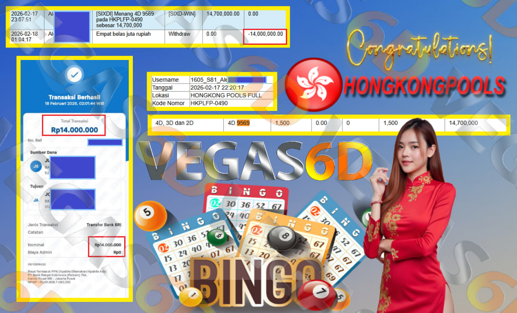 VEGAS6D JACKPOT TOGEL PASARAN HONGKONG POOLS ” 9569 ” Rp.14.000.000,- LUNAS