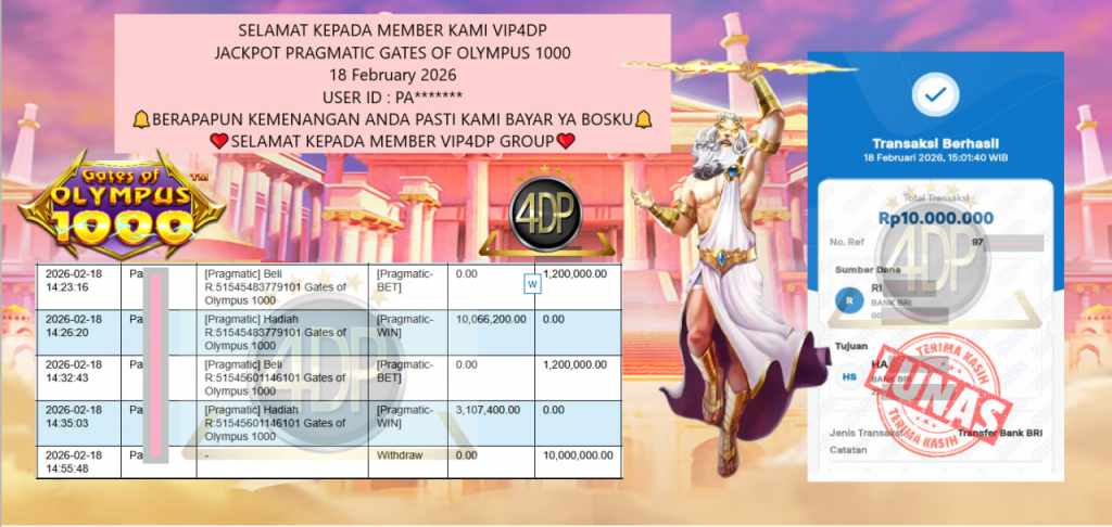 VIP4DP JACKPOT PRAGMATIC GATES OF OLYMPUS 1000 Rp.10.000.000,- LUNAS