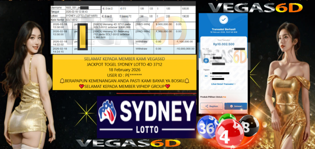 VEGAS6D JACKPOT TOGEL SYDNEY LOTTO 4D 3712 Rp.10.000.000,- LUNAS