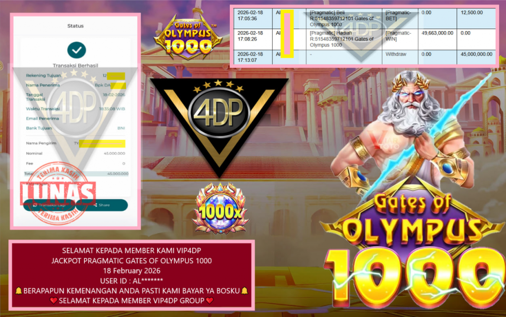VIP4DP JACKPOT PRAGMATIC GATES OF OLYMPUS 1000 Rp.45.000.000,- LUNAS