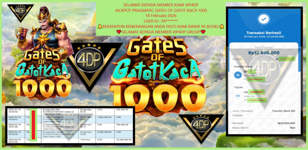 VIP4DP JACKPOT PRAGMATIC GATES OF GATOT KACA 1000 Rp.12.500.000,- LUNAS