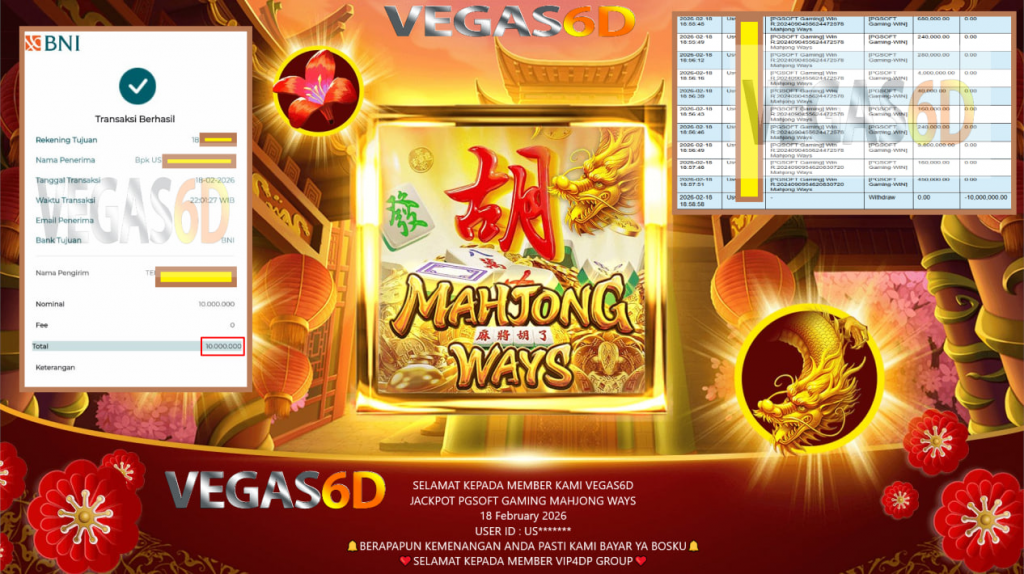 VEGAS6D JACKPOT PGSOFT GAMING MAHJONG WAYS Rp.10.000.000,- LUNAS