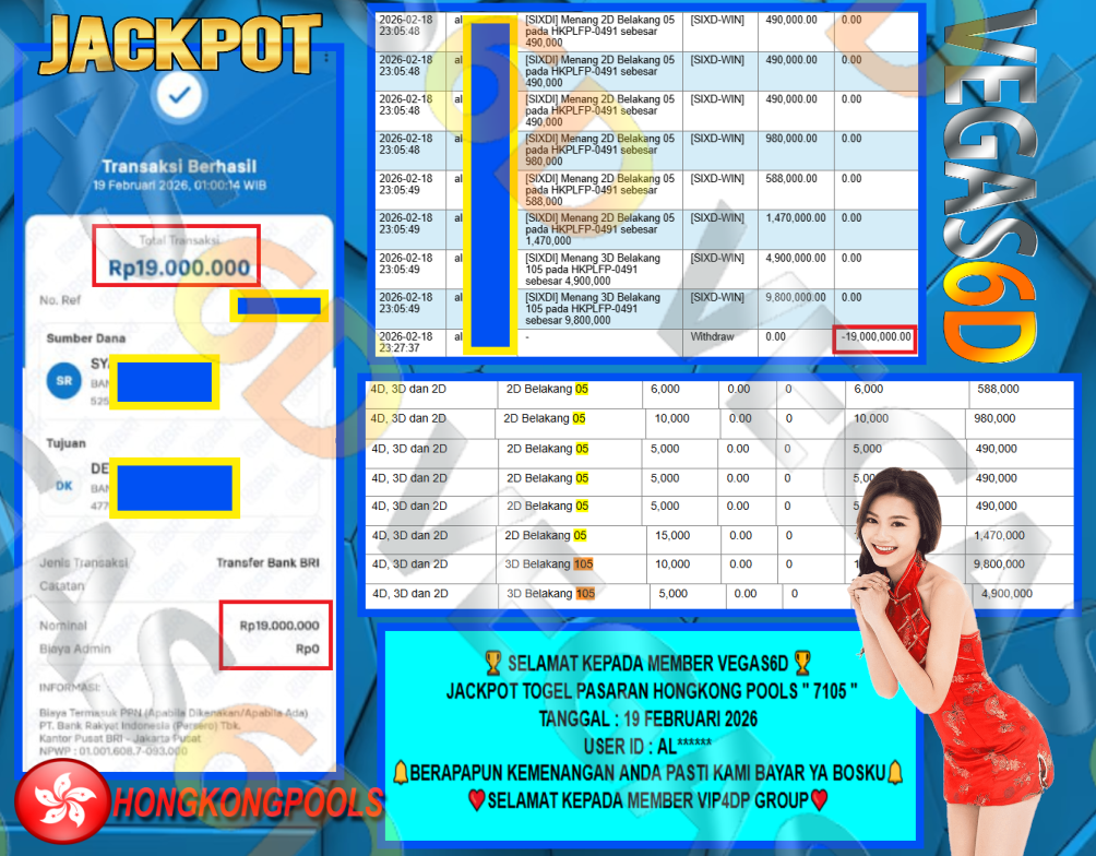 VEGAS6D JACKPOT TOGEL PASARAN HONGKONG POOLS ” 7105 ” Rp.19.000.000,- LUNAS