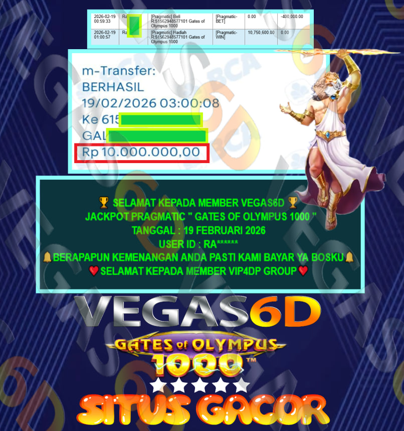 VEGAS6D JACKPOT PRAGMATIC GATES OF OLYMPUS 1000 Rp.10.000.000,- LUNAS