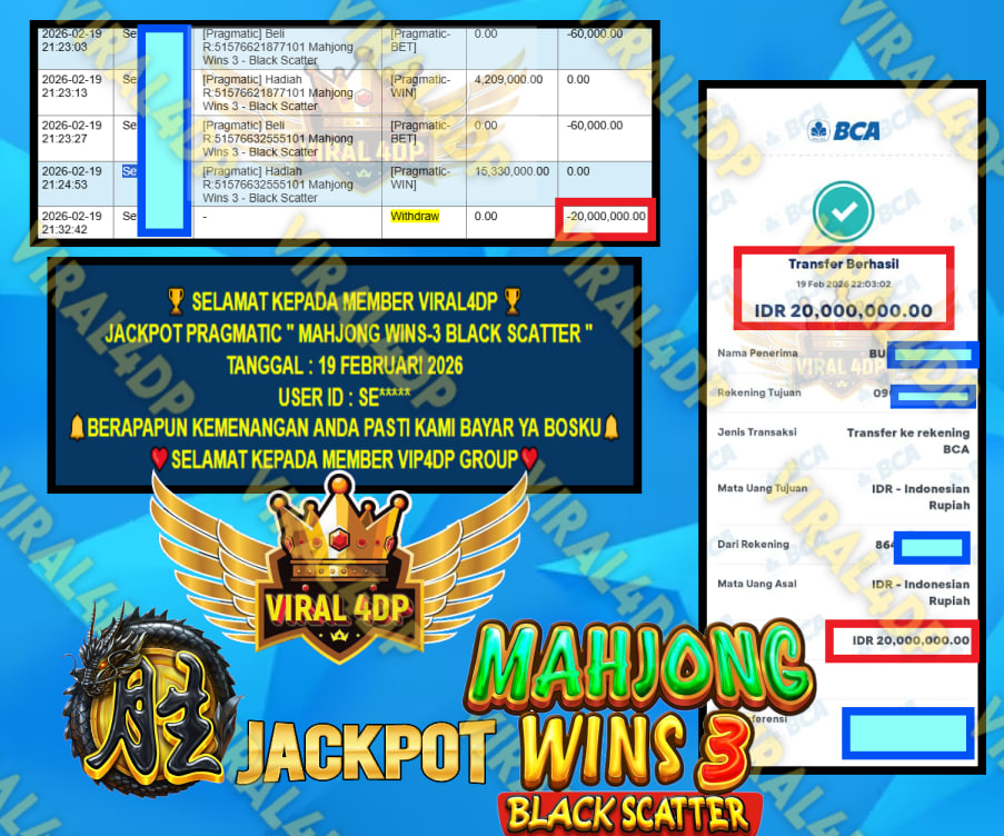 VIRAL4DP JACKPOT PRAGMATIC MAHJONG WINS-3 BLACK SCATTER Rp.20.000.000,- LUNAS