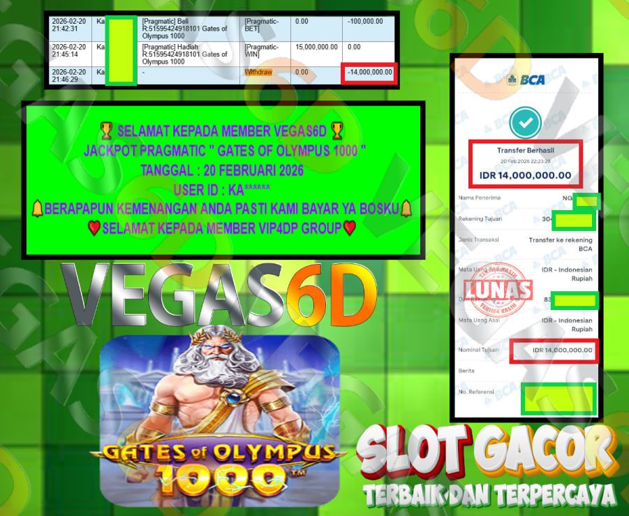 VEGAS6D JACKPOT PRAGMATIC GATES OF OLYMPUS 1000 Rp.14.000.000,- LUNAS