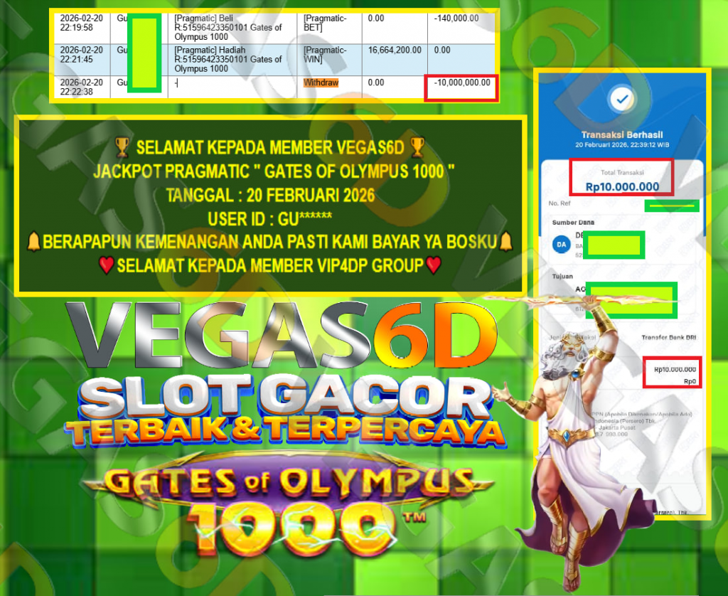 VEGAS6D JACKPOT PRAGMATIC GATES OF OLYMPUS 1000 Rp.10.000.000,- LUNAS