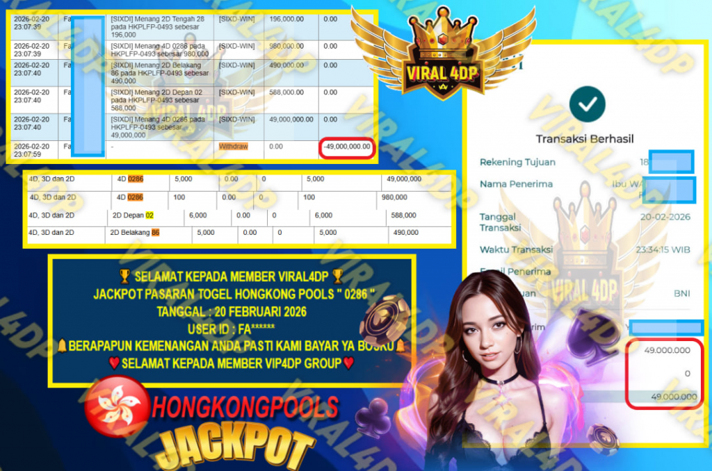 VIRAL4DP JACKPOT PASARAN TOGEL HONGKONG POOLS ” 0286 ” Rp.49.000.000,- LUNAS