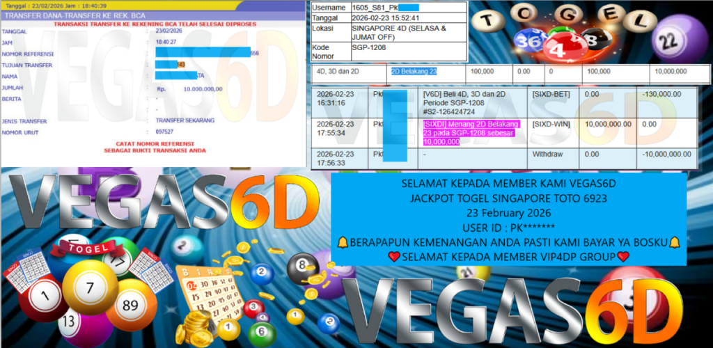 VEGAS6D JACKPOT TOGEL SINGAPORE TOTO 6923 Rp.10.000.000,- LUNAS