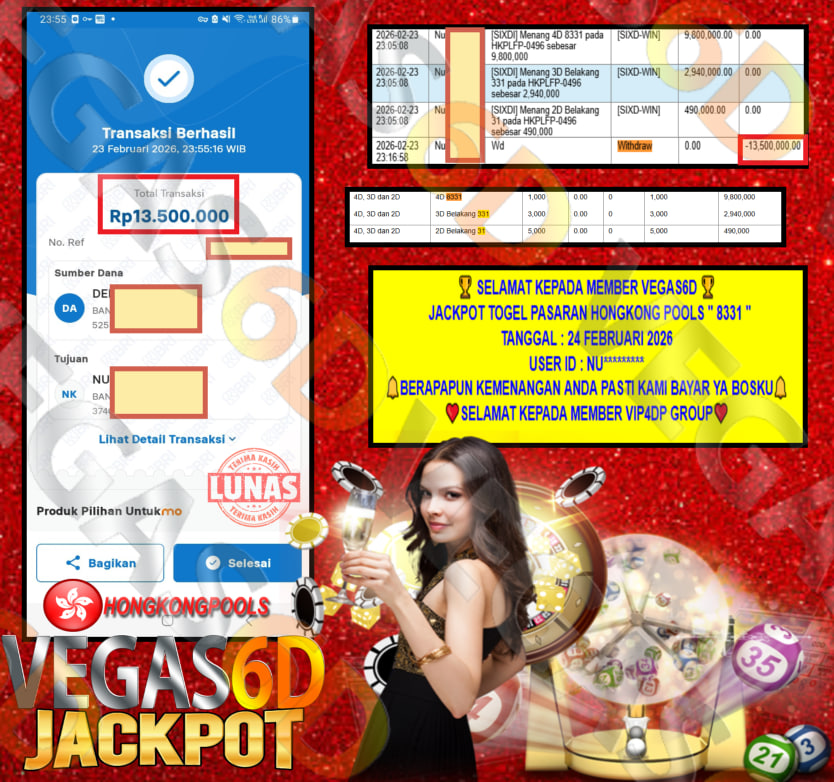 VEGAS6D JACKPOT PASARAN HONGKONG POOLS ” 8331 ” Rp.13.500.000,- LUNAS