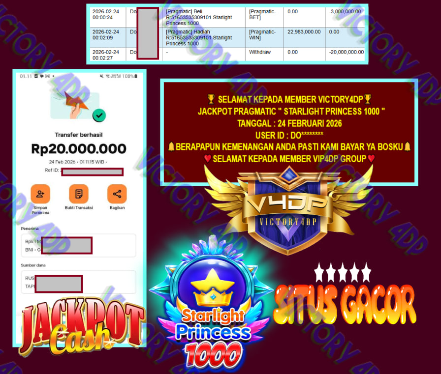 VICTORY4DP JACKPOT PRAGMATIC STARLIGHT PRINCESS 1000 Rp.20.000.000,- LUNAS