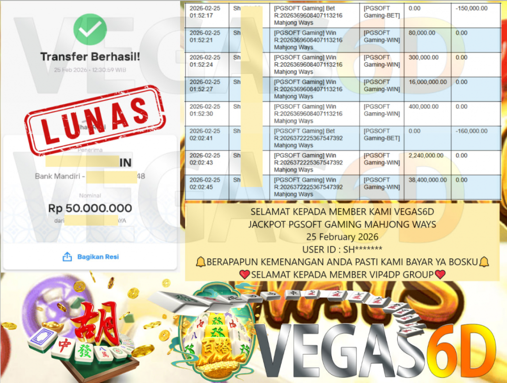 VEGAS6D JACKPOT PGSOFT GAMING MAHJONG WAYS Rp.50.000.000,- LUNAS