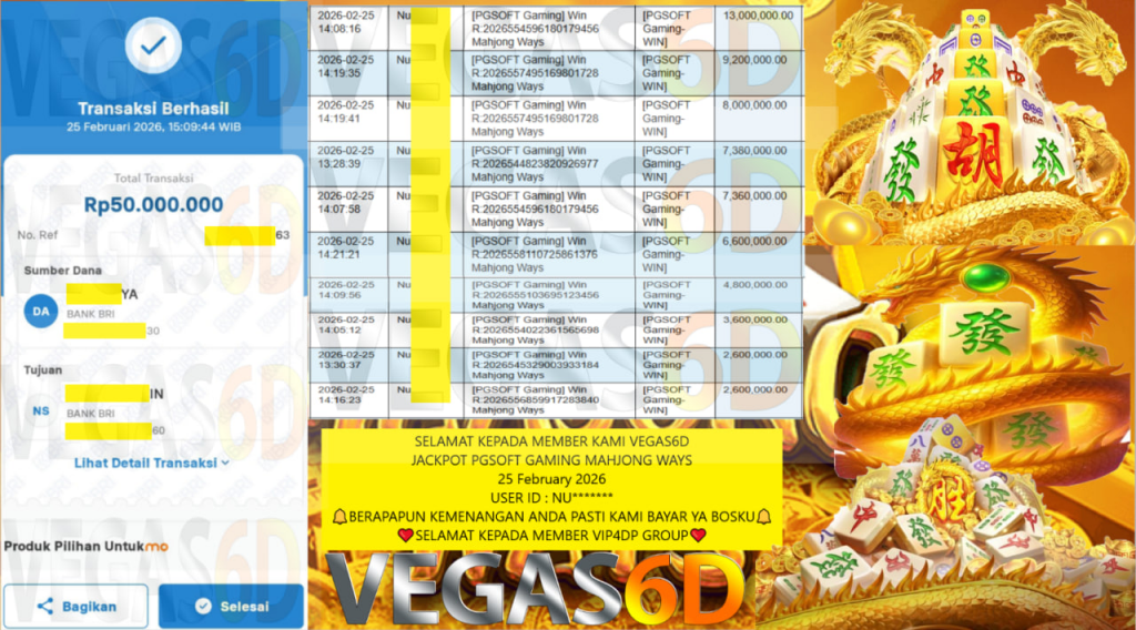 VEGAS6D JACKPOT PGSOFT GAMING MAHJONG WAYS Rp.61.000.000,- LUNAS