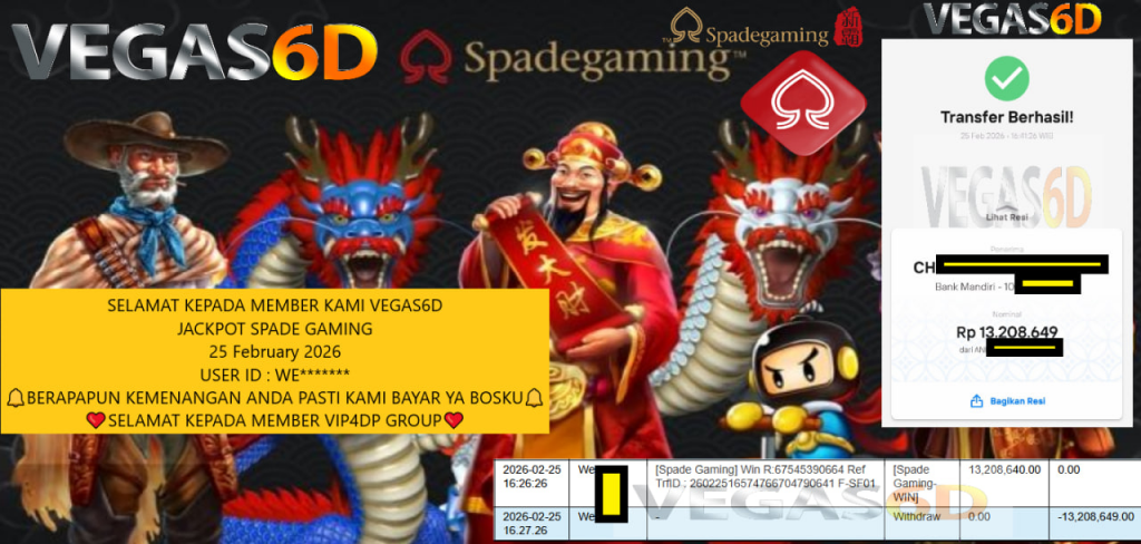 VEGAS6D JACKPOT SPADE GAMING Rp.13.208.649,- LUNAS