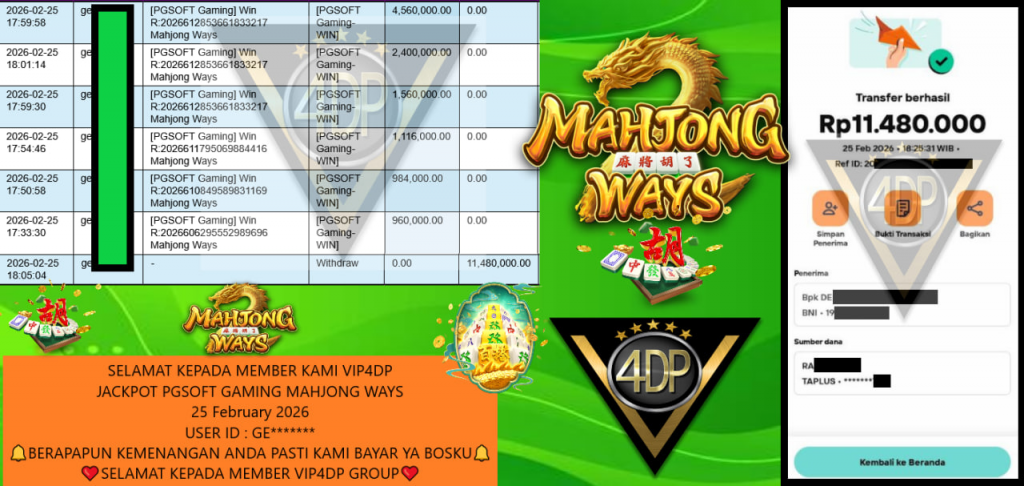 VIP4DP JACKPOT PGSOFT GAMING MAHJONG WAYS Rp.11.480.000,- LUNAS