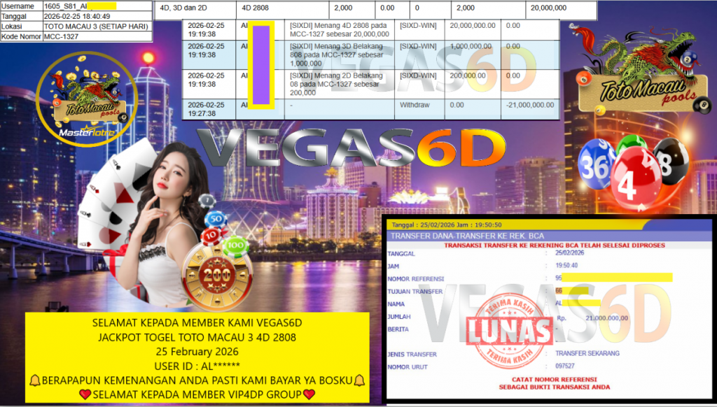 VEGAS6D JACKPOT TOGEL TOTO MACAU 3 4D 2808 Rp.21.000.000,- LUNAS