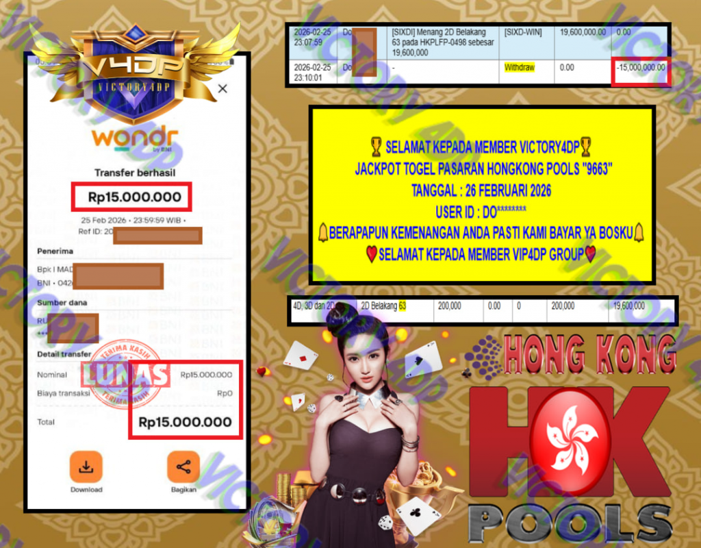 VICTORY4DP JACKPOT TOGEL PASARAN HONGKONG POOLS “9663” Rp.15.000.000,- LUNAS