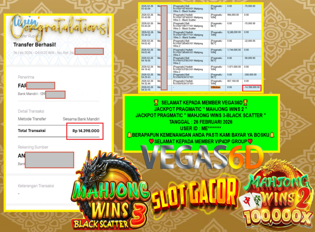 VEGAS6D JACKPOT JACKPOT PRAGMATIC MAHJONG WINS 2 & MAHJONG WINS 3-BLACK SCATTER Rp.14.398.000,- LUNAS