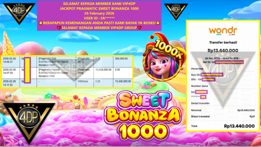 VIP4DP JACKPOT PRAGMATIC SWEET BONANZA 1000 Rp.13.440.000,- LUNAS