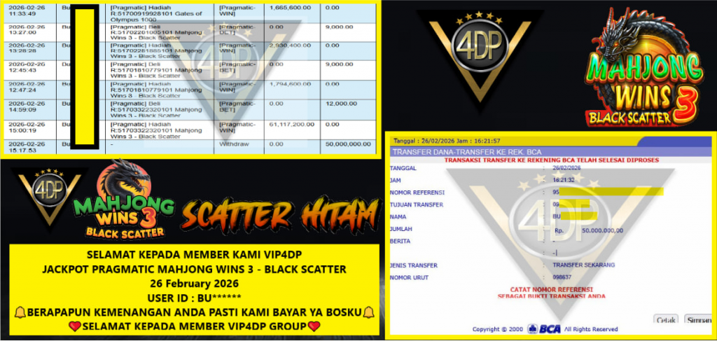 VIP4DP JACKPOT PRAGMATIC MAHJONG WINS 3 – BLACK SCATTER Rp.70.000.000,- LUNAS