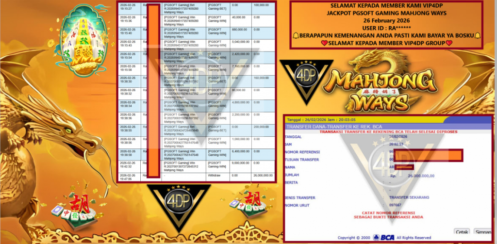 VIP4DP JACKPOT PGSOFT GAMING MAHJONG WAYS Rp.26.000.000,- LUNAS