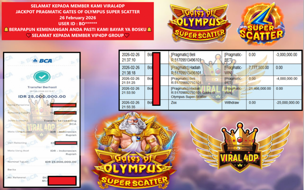 VIRAL4DP JACKPOT PRAGMATIC GATES OF OLYMPUS SUPER SCATTER Rp.25.000.000,- LUNAS