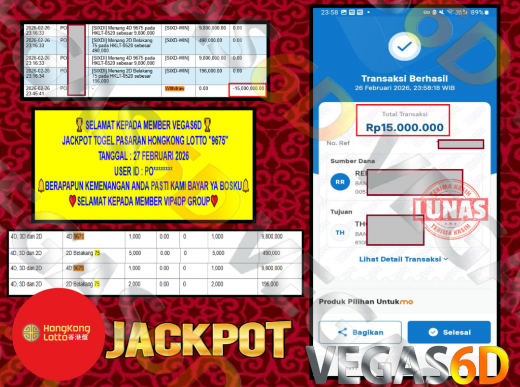 VEGAS6D JACKPOT TOGEL PASARAN HONGKONG LOTTO “9675” Rp.15.000.000,- LUNAS