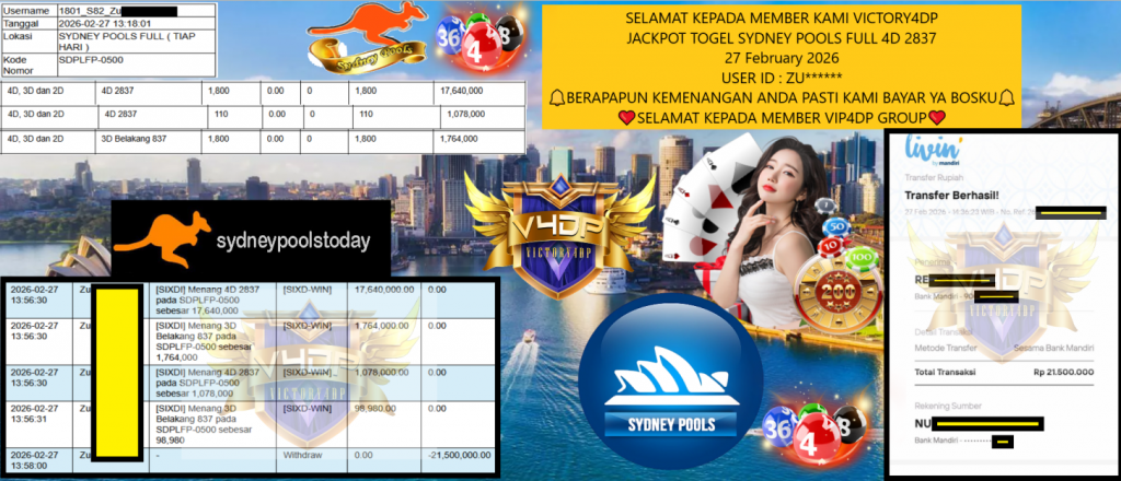 VICTORY4DP JACKPOT TOGEL SYDNEY POOLS FULL 4D 2837 Rp.21.500.000,- LUNAS