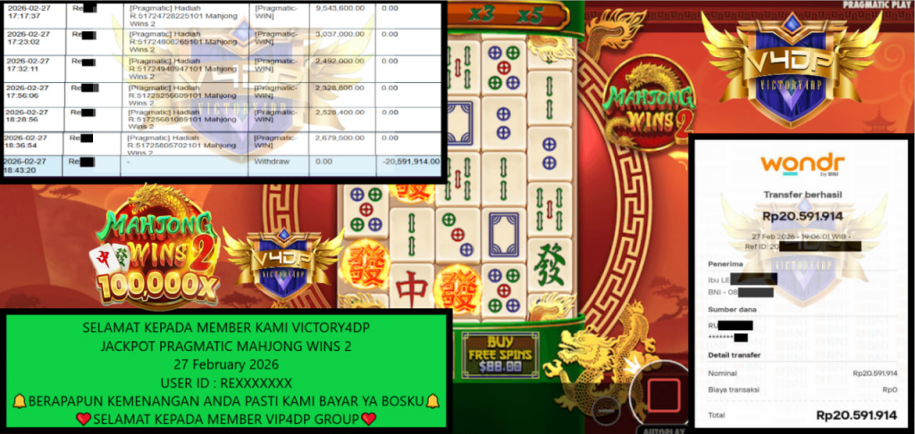 VICTORY4DP JACKPOT PRAGMATIC MAHJONG WINS 2 Rp.20.591.914,- LUNAS