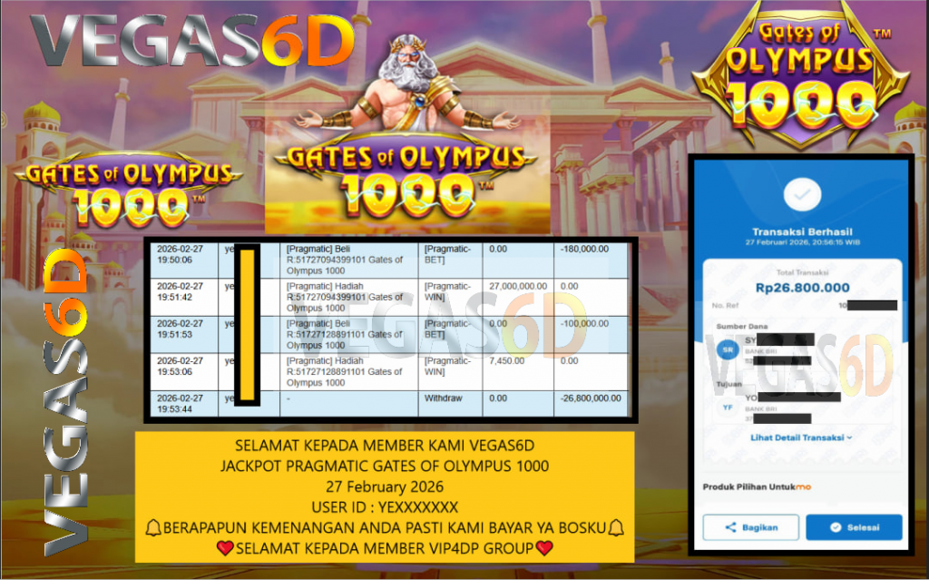 VEGAS6D JACKPOT PRAGMATIC GATES OF OLYMPUS 1000 Rp.26.800.000,- LUNAS