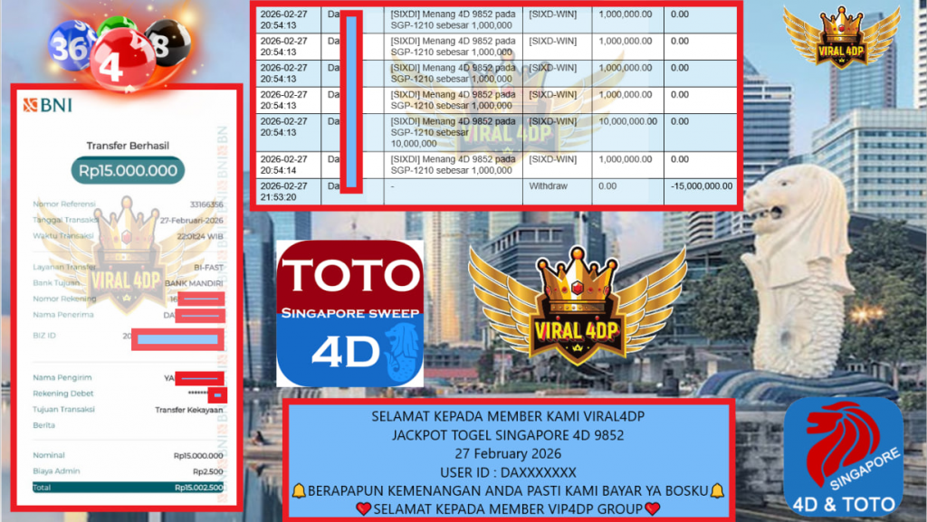 VIRAL4DP JACKPOT TOGEL SINGAPORE 4D 9852 Rp.15.000.000,- LUNAS