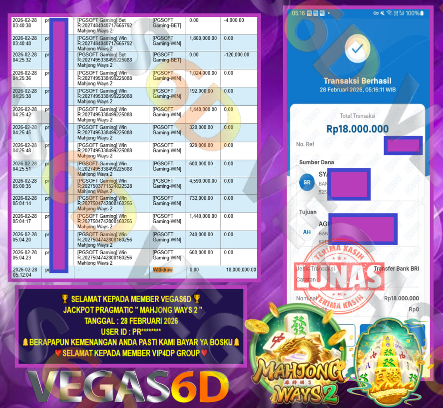 VEGAS6D JACKPOT PRAGMATIC ” MAHJONG WAYS 2 ” Rp.18.000.000,- LUNAS