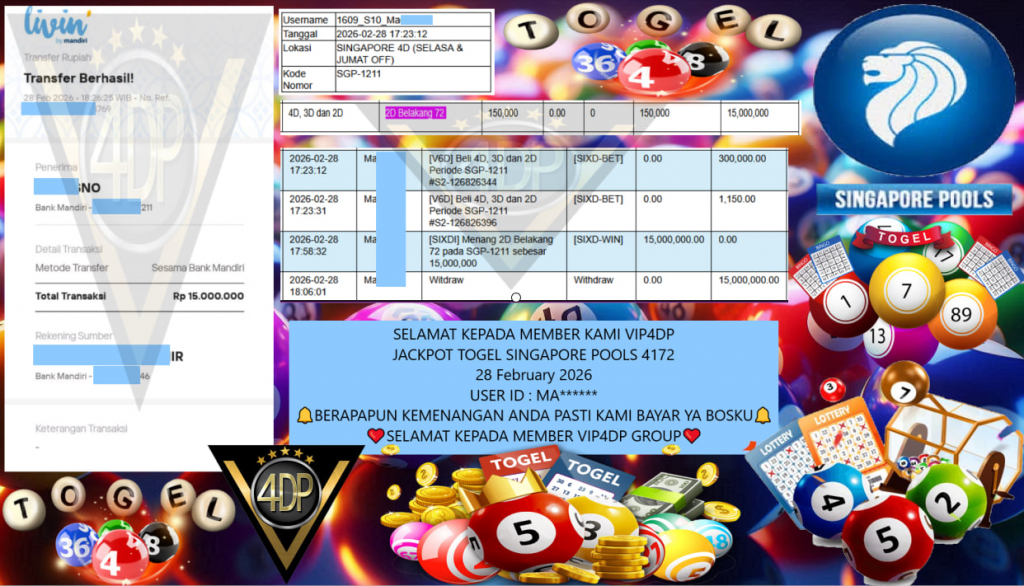 VIP4DP JACKPOT TOGEL SINGAPORE POOLS 4172 Rp.15.000.000,- LUNAS