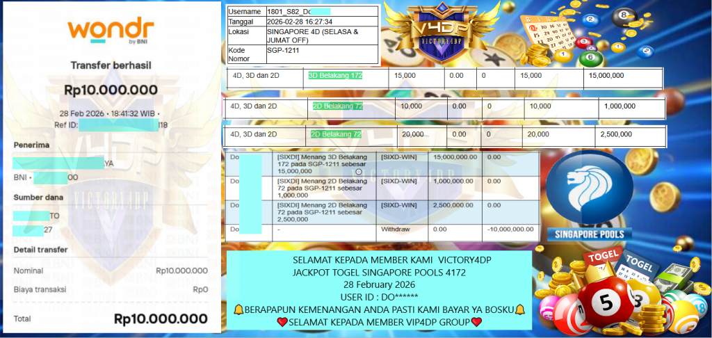 VICTORY4DP JACKPOT TOGEL SINGAPORE POOLS 4172 Rp.10.000.000,- LUNAS