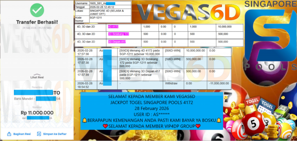 VEGAS6D JACKPOT TOGEL SINGAPORE POOLS 4172 Rp.11.000.000,- LUNAS