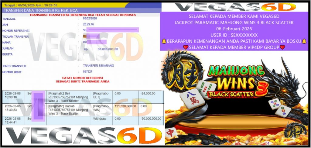 VEGAS6D JACKPOT PRAGMATIC MAHJONG WINS 3 BLACK SCATTER Rp.50.000.000,- LUNAS