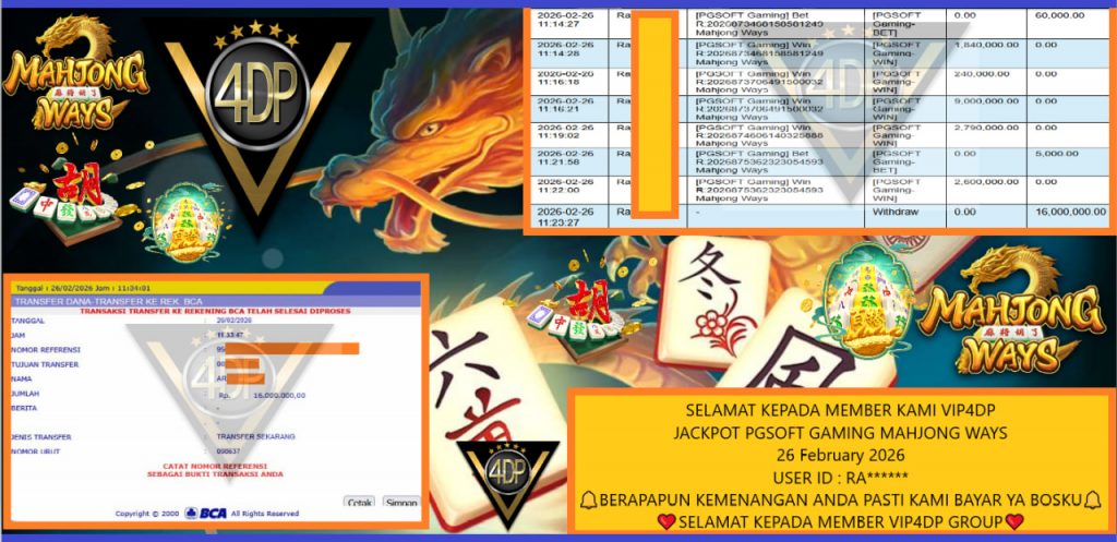 VIP4DP JACKPOT PGSOFT GAMING MAHJONG WAYS Rp.16.000.000,- LUNAS
