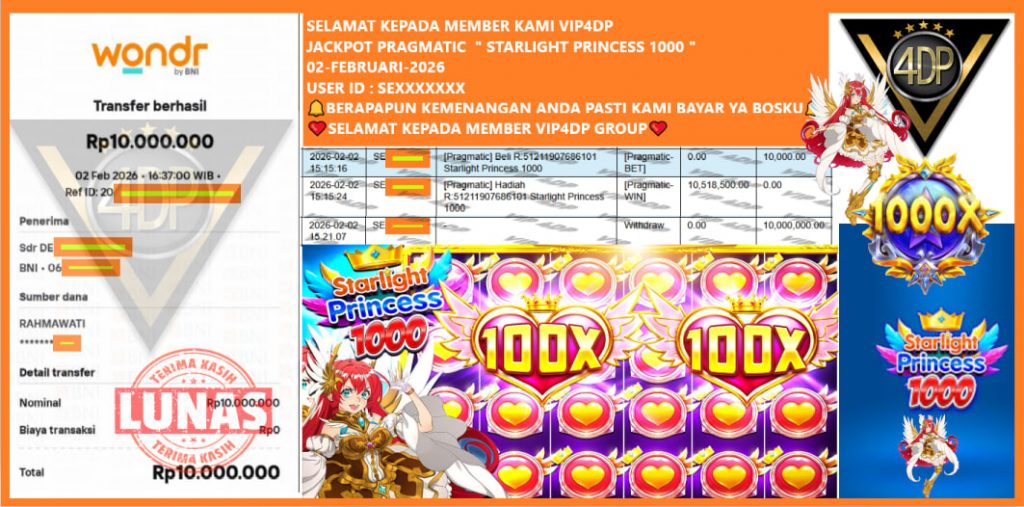 VIP4DP JACKPOT PRAGMATIC STARLIGHT PRINCESS 1000 Rp.10.000.000,- LUNAS