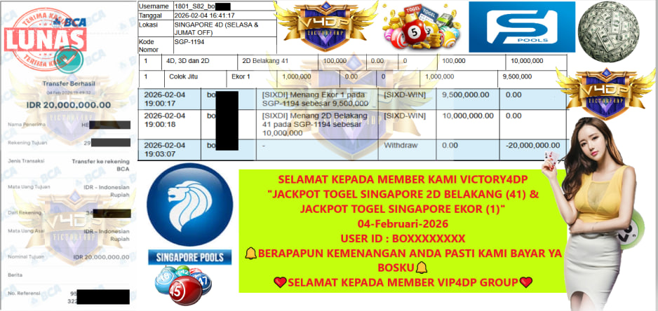 VICTORY4DP JACKPOT TOGEL SINGAPORE 2D BELAKANG (41) & JACKPOT TOGEL SINGAPORE EKOR (1) Rp.20.000.000,- LUNAS