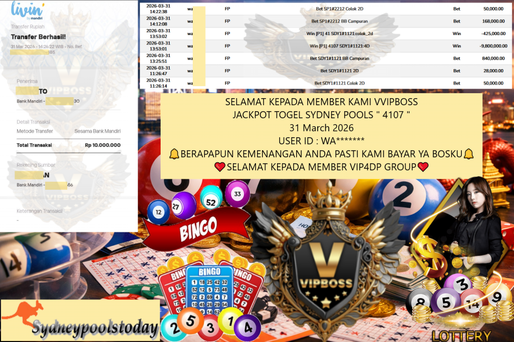 VVIPBOSS JACKPOT TOGEL SYDNEY POOLS ” 4107 ” Rp.10.000.000,- LUNAS