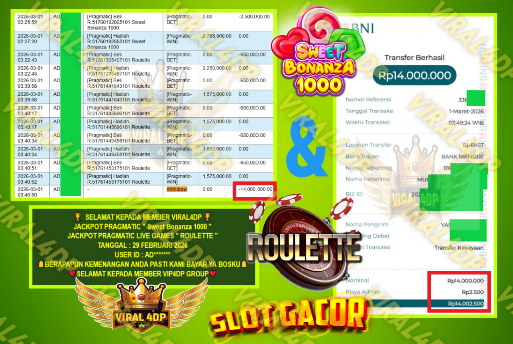 VIRAL4DP JACKPOT PRAGMATIC ” Sweet Bonanza 1000 ” & PRAGMATIC LIVE GAMES ” ROULETTE ” Rp.14.000.000,- LUNAS