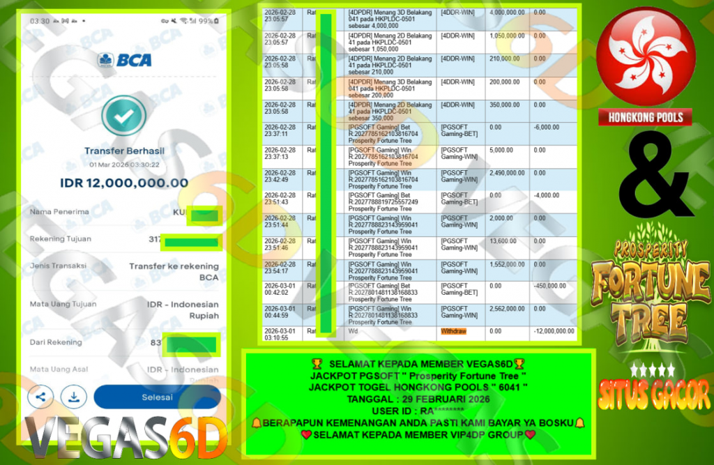 VEGAS6D JACKPOT PGSOFT ” Prosperity Fortune Tree ” & TOGEL HONGKONG POOLS ” 6041 ” Rp.12.000.000,- LUNAS