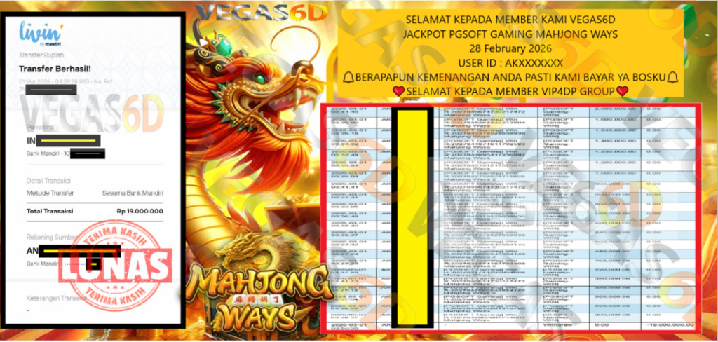 VEGAS6D JACKPOT PGSOFT GAMING MAHJONG WAYS Rp.19.000.000,- LUNAS