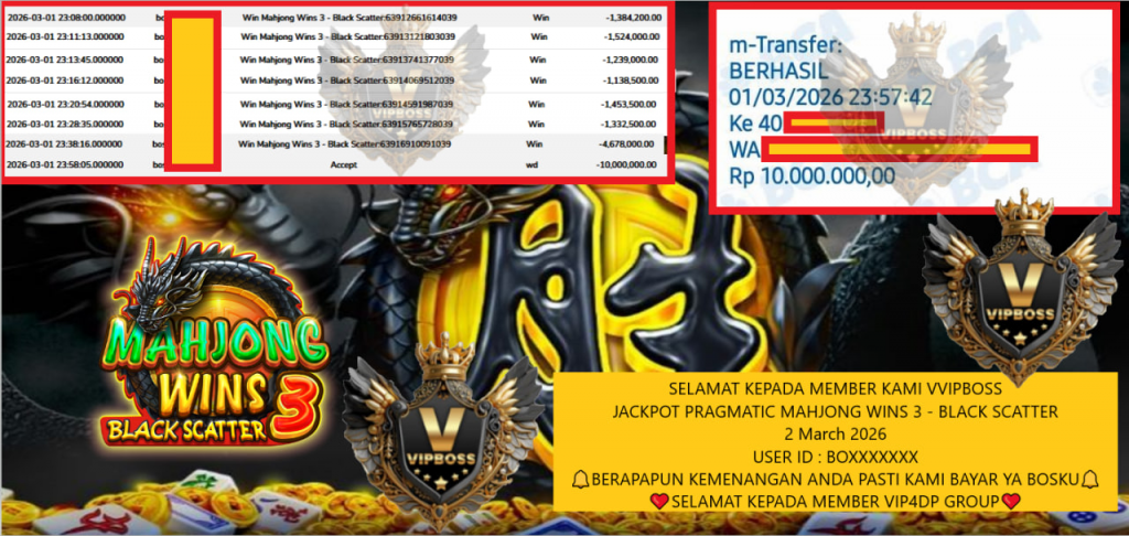 VVIPBOSS JACKPOT PRAGMATIC MAHJONG WINS 3 – BLACK SCATTER Rp.10.000.000,- LUNAS