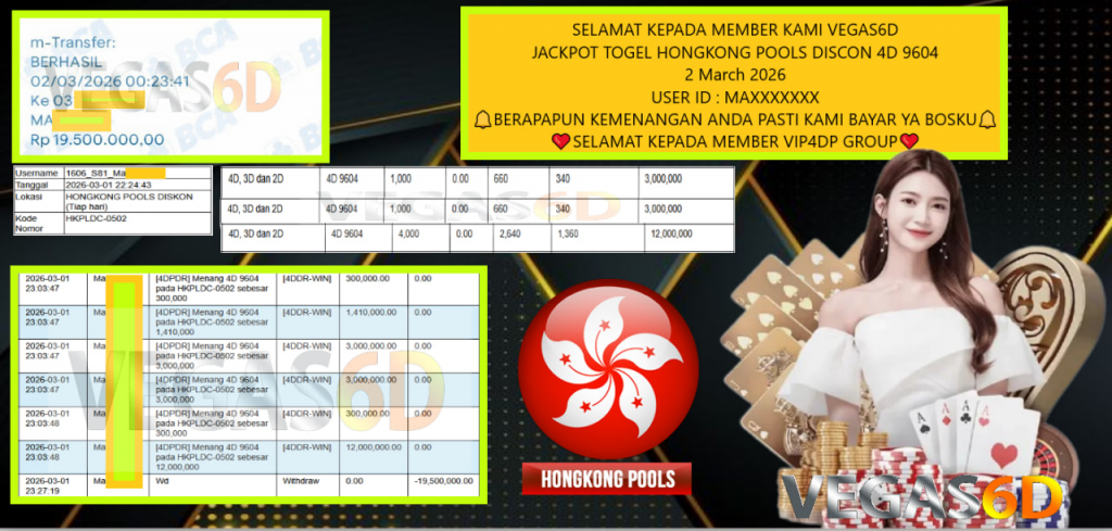 VEGAS6D JACKPOT TOGEL HONGKONG POOLS DISCON 4D 9604 Rp.19.500.000,- LUNAS