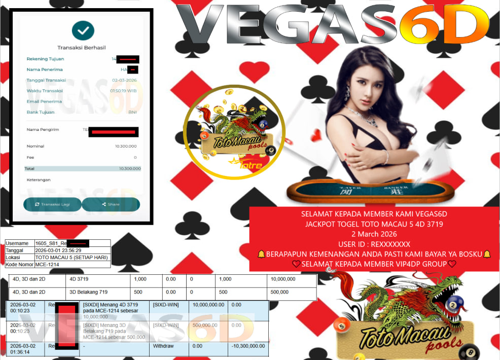 VEGAS6D JACKPOT TOGEL TOTO MACAU 5 4D 3719 Rp.10.300.000,- LUNAS