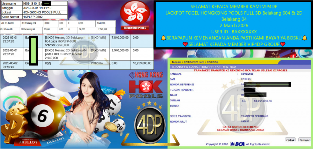 VIP4DP JACKPOT TOGEL HONGKONG POOLS FULL 3D Belakang 604 & 2D Belakang 04 Rp.10.253.000,- LUNAS